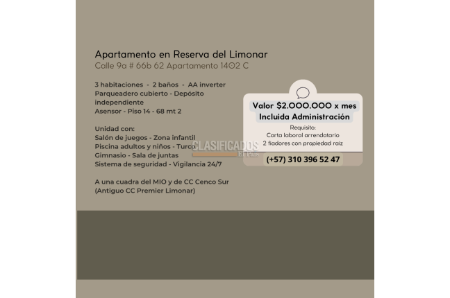 Apartamentos, Alquiler, Reserva del Limonar - $2.000.000