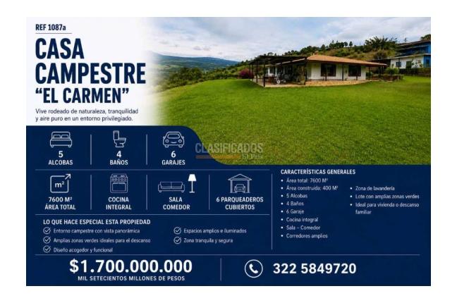 Fincas y Casas Campestres, Venta en La Cumbre
