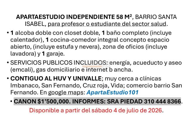 Apartaestudios, Alquiler en Santa Isabel
